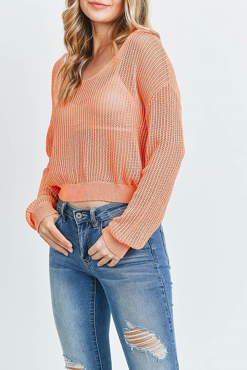 Scoop neck sheer loose fit crop sweater (DGS4714-1)