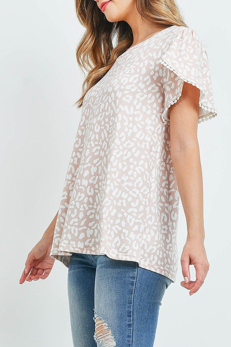 Pompom detail sleeve round neck leopard top (ED9662)