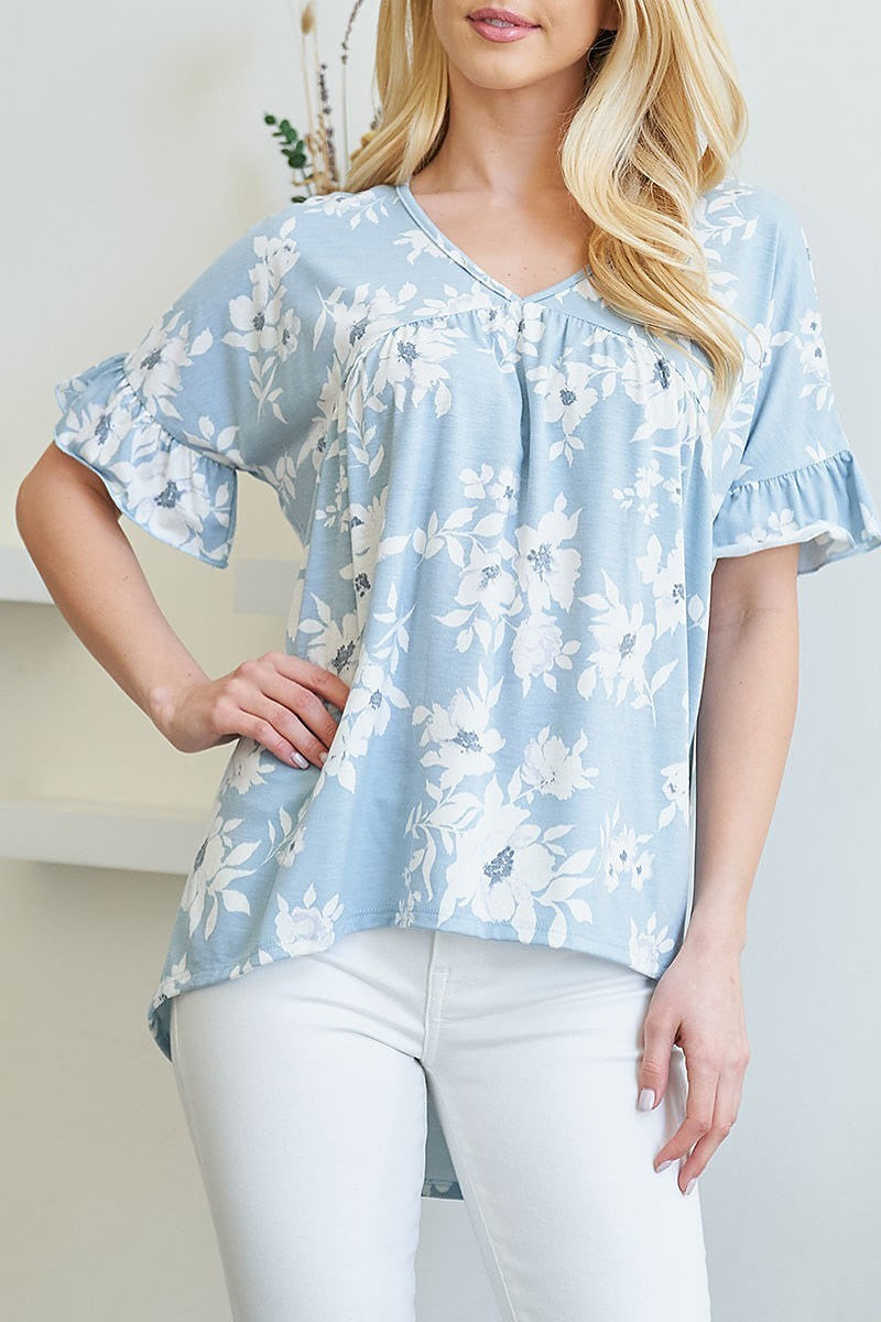 Ruffle sleeve hi low hem floral yoke top (EF3657)