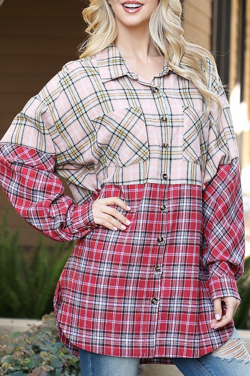 Puff long sleeve plaid contrast top (EF6958)