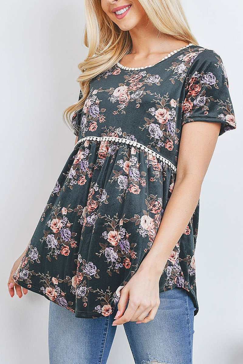 Lace trim floral print velvet baby doll top (EF2647)