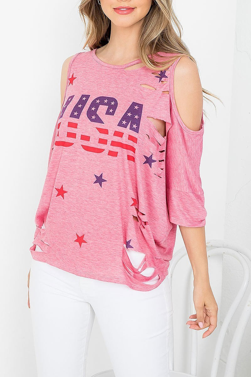 Usa star print distressed batwing top (EF3697)