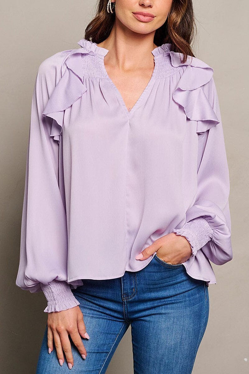 Long sleeve v-neck ruffle blouse top (EGWT1714)