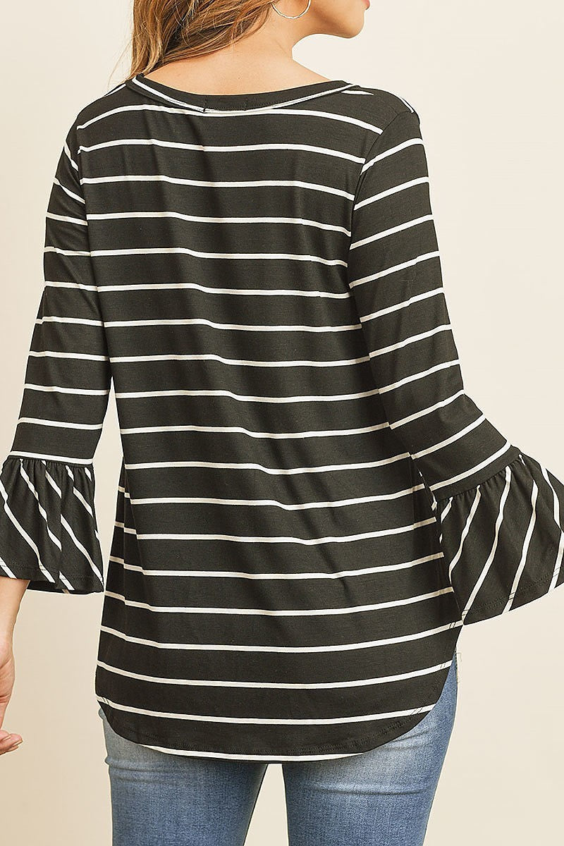 Key hole bell sleeve stripe top (ED8004)