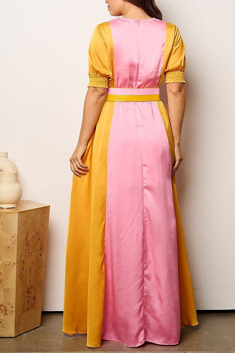 Puff sleeve v-neck colorblock belted maxi dress (EFWT8112)