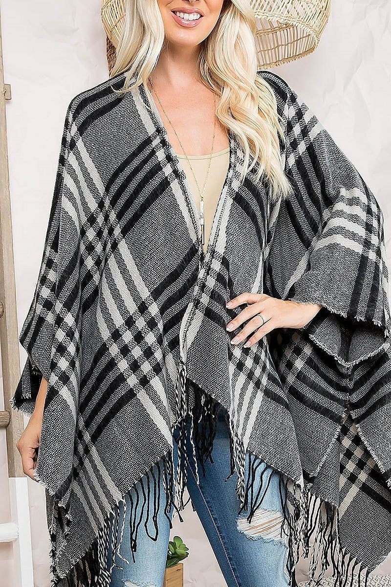 Plaid open front fringe ruana kimono (DGS5554)