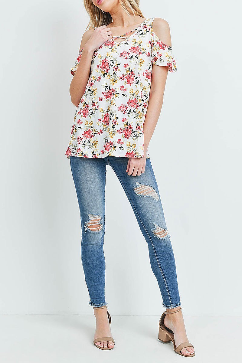 Floral cold shoulder crisscross neckline top (ED8831)