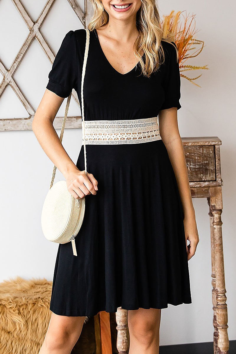 Short sleeve elastic crochet v neck dress (DED8059)