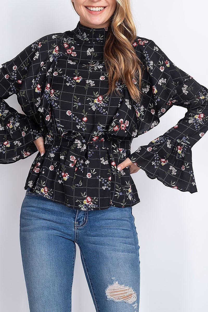 Floral plaid ruffle detail bell sleeve top (EF1916)