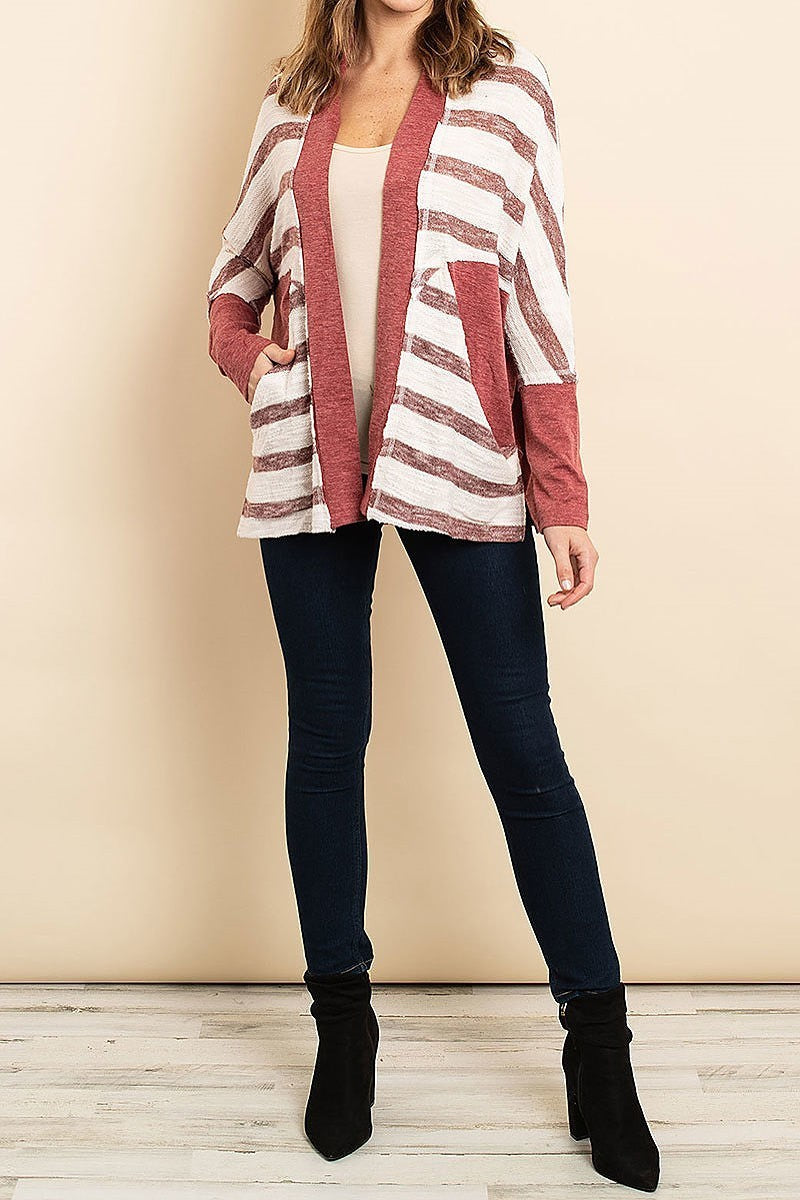 Long dolman sleeve open front stripe cardigan (DGS5007)