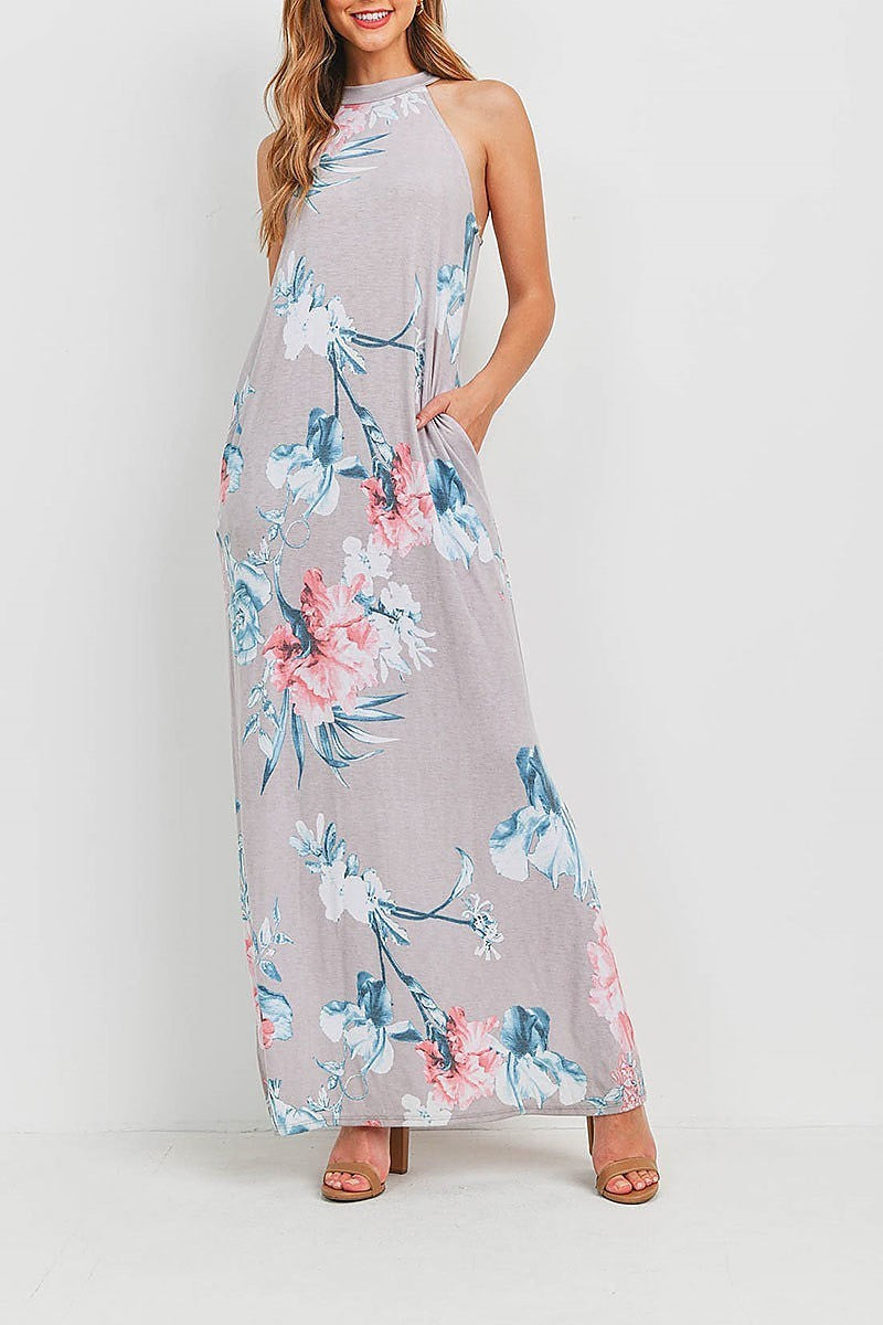 Mock neck floral print pocket maxi dress (DED6367)