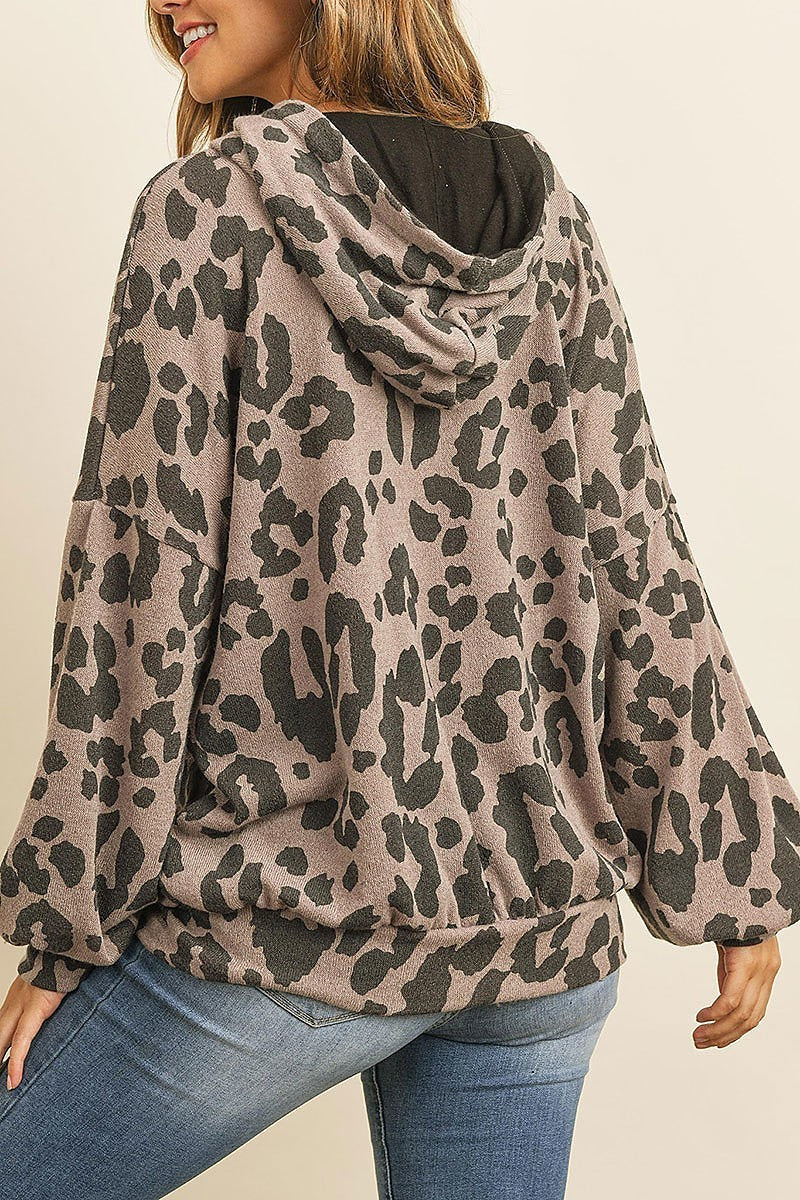 Animal print oversized puff long sleeve hoodie with drawstring (ED8186)