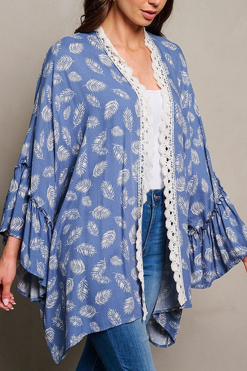 Long sleeve open front trim detailed leaf kimono (EGWT1821)