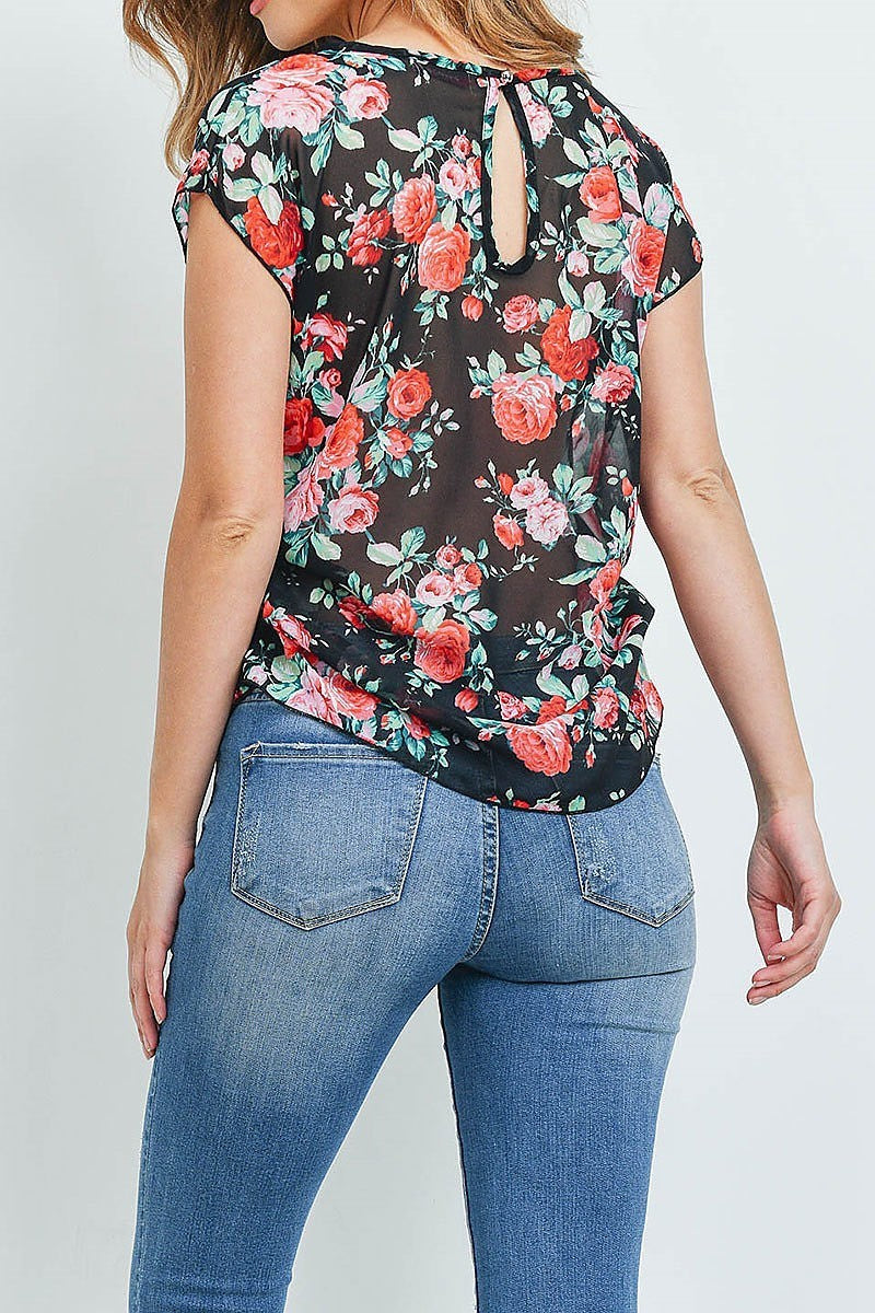 Short sleeve floral print round neck chiffon blouse top (ED8896-1)