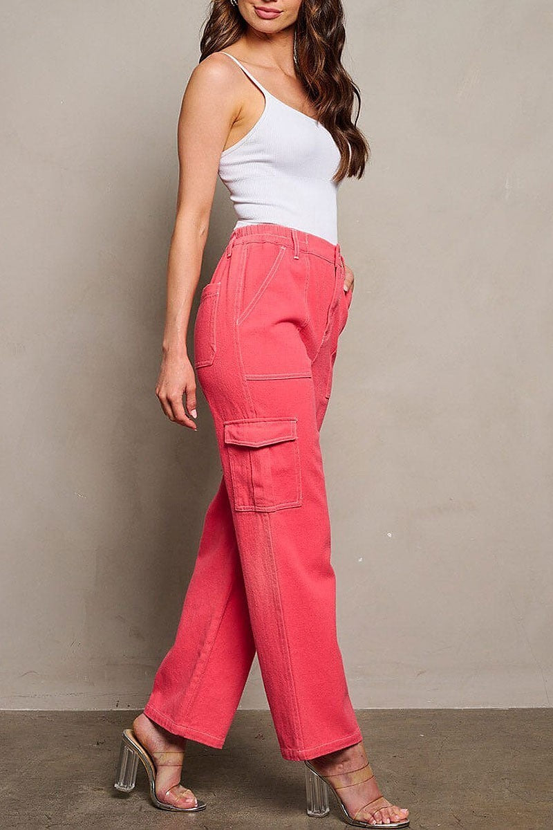 Button closure cargo pockets denim wide leg pants (EGWT1817)