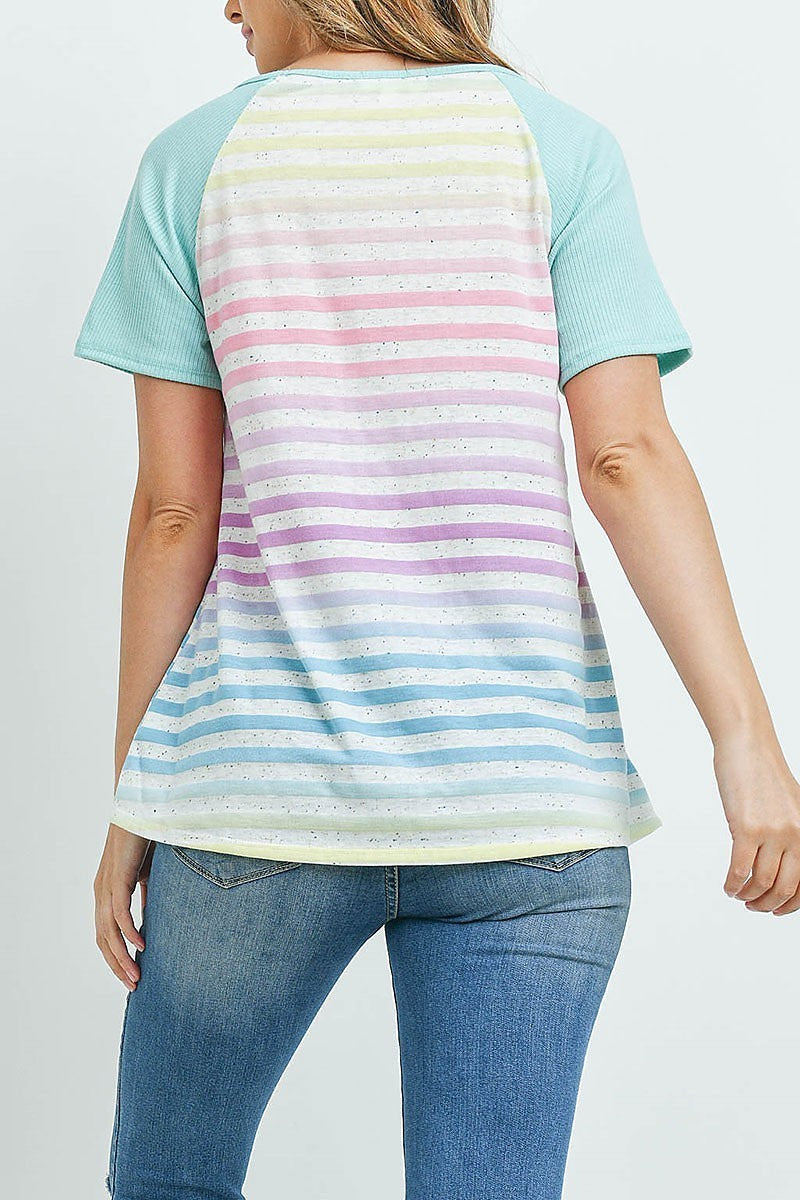 Rib raglan sleeve ombre stripes pocket top (ED9587)