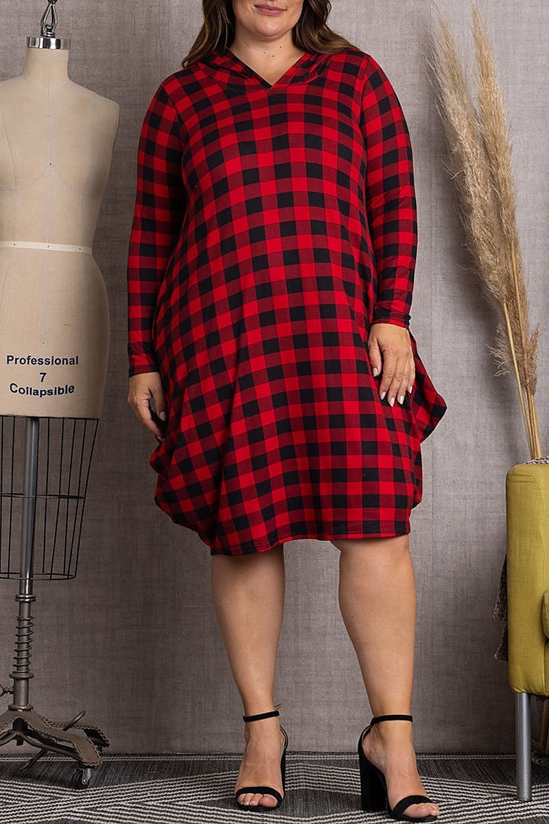 Plaid hoodie long sleeves plus size midi dress (EDSW3583)