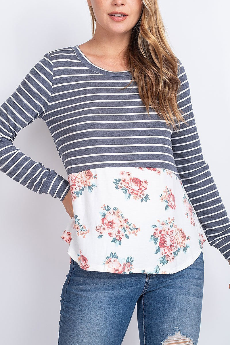 Stripe floral button trim back color block top (EF1903)