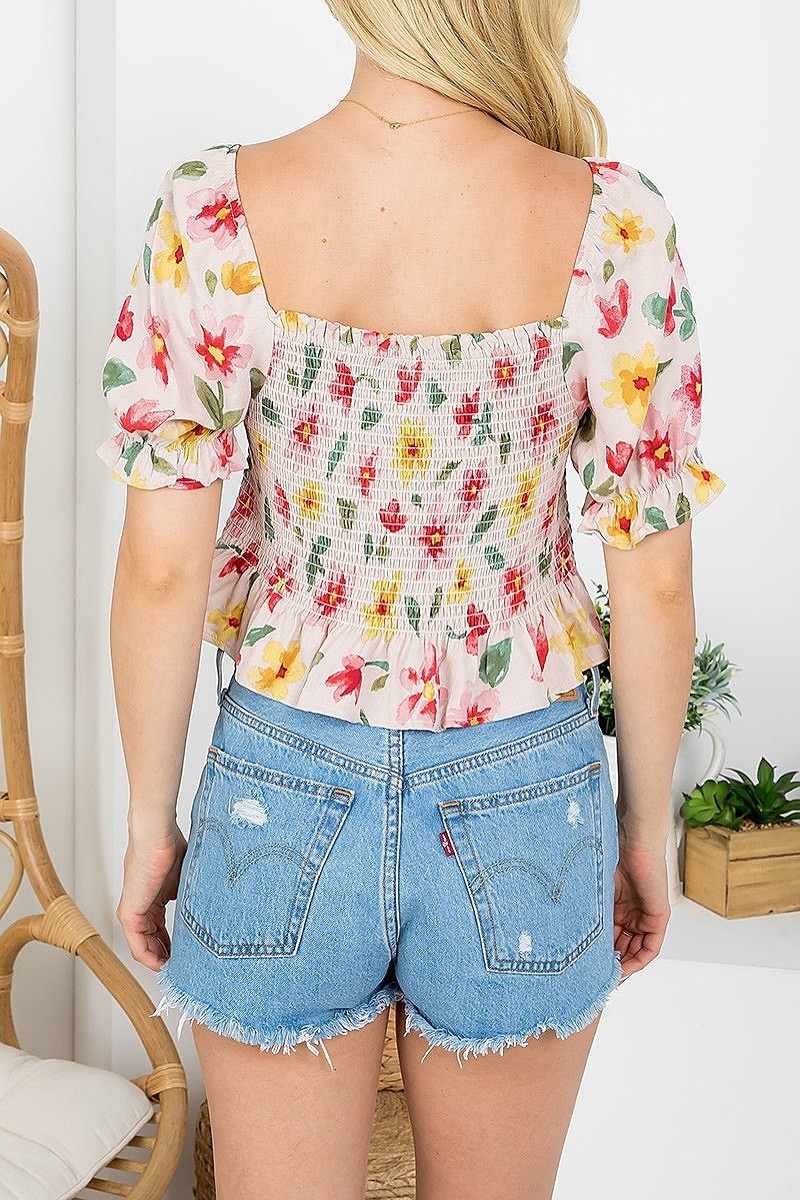 Smoked detail floral puff sleeve top (EF4189)