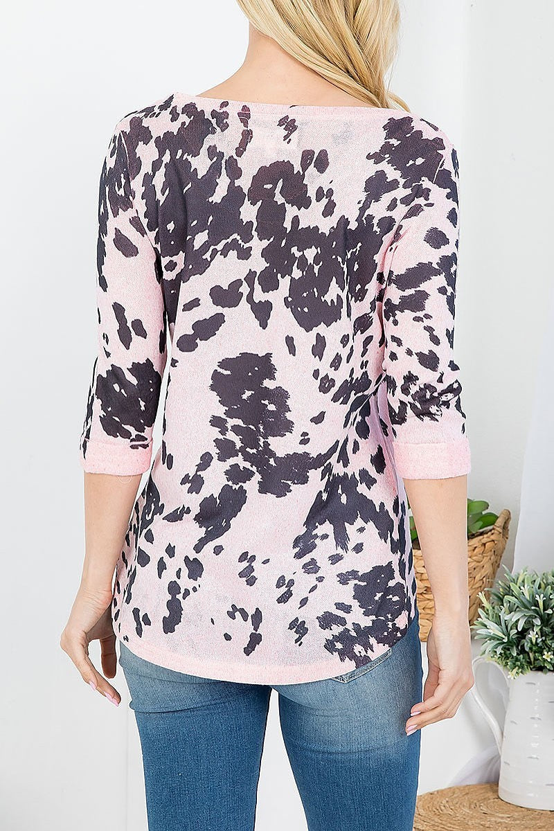 Cow print quarter sleeve top (EF3687)