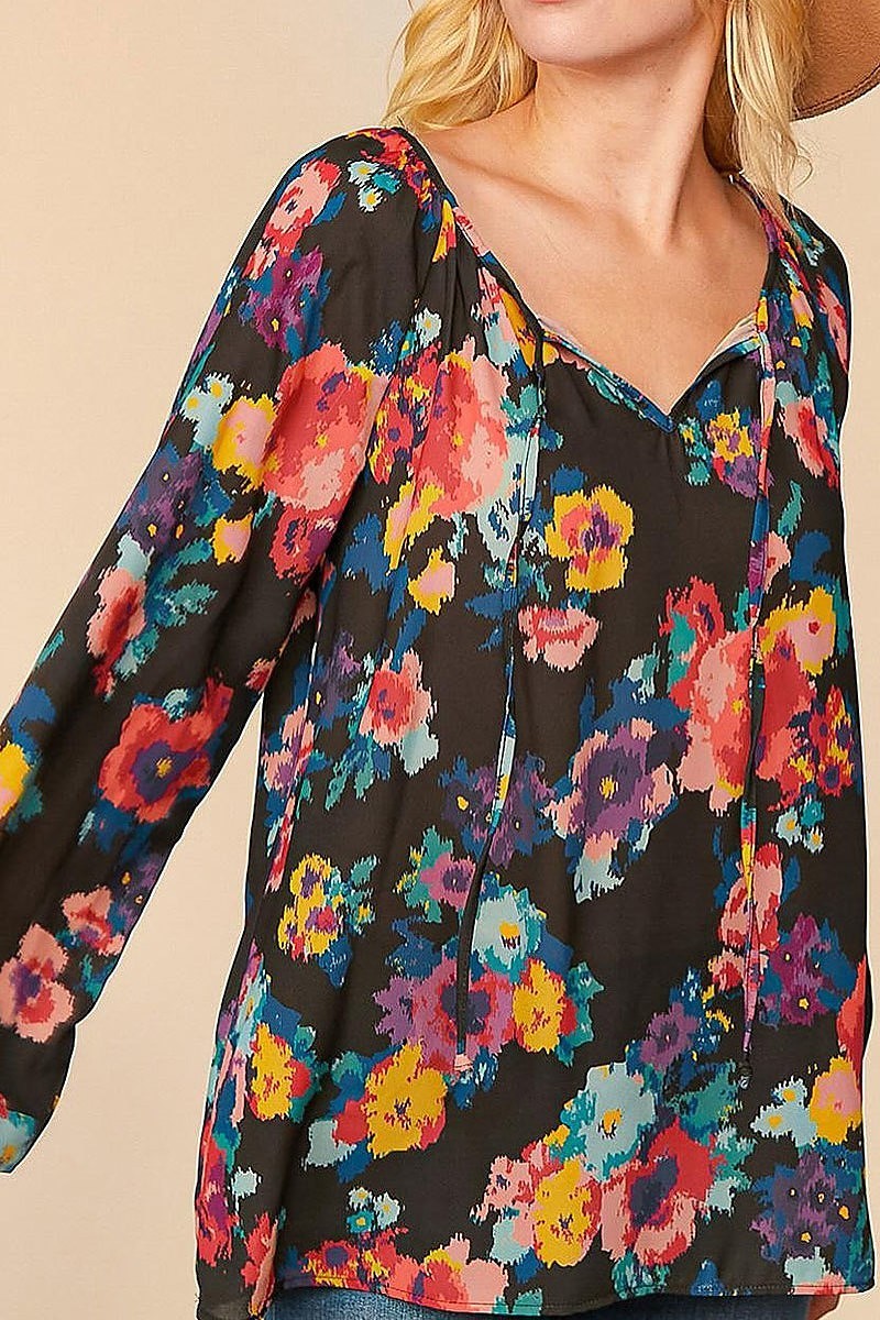 Plus multi floral front keyhole woven top (ETBM4023)