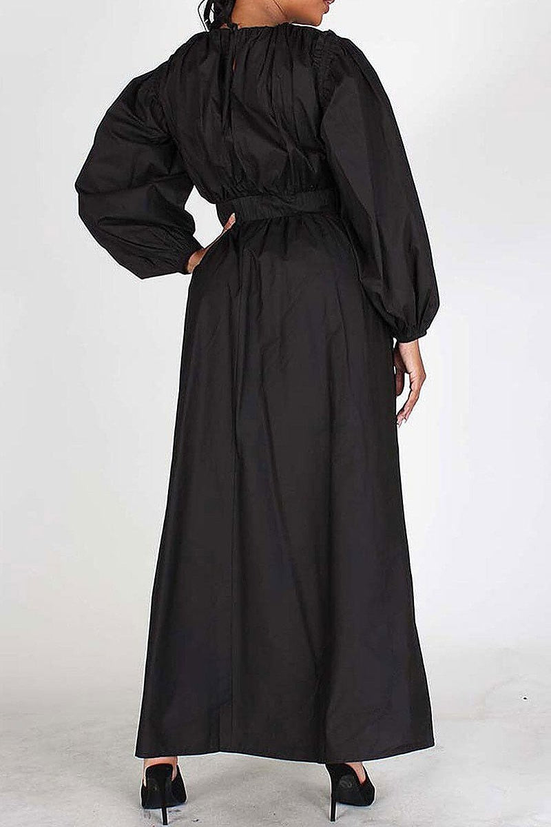 Removable sleeves elastic waist pockets maxi dress (EFWT4303)