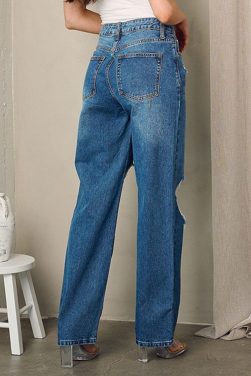 Button closure distressed denim jeans pants (EFWT2297)