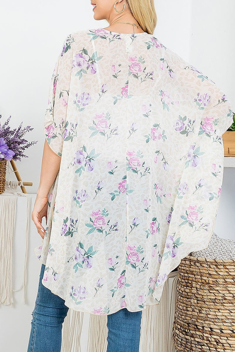 Floral animal print sheer kimono (EF4564)