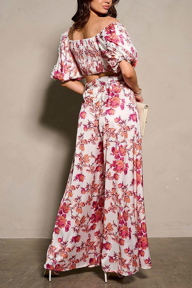 Short sleeve crop top & belted pants floral set (EFWT9512-2)