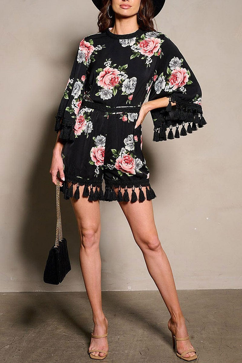 3/4 sleeves open back tassel floral romper (EFWT9417)