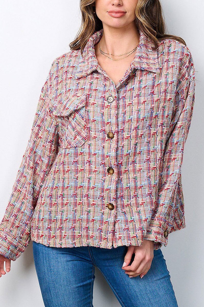 Long sleeve button closure multi tweed jacket (EFWT7155)