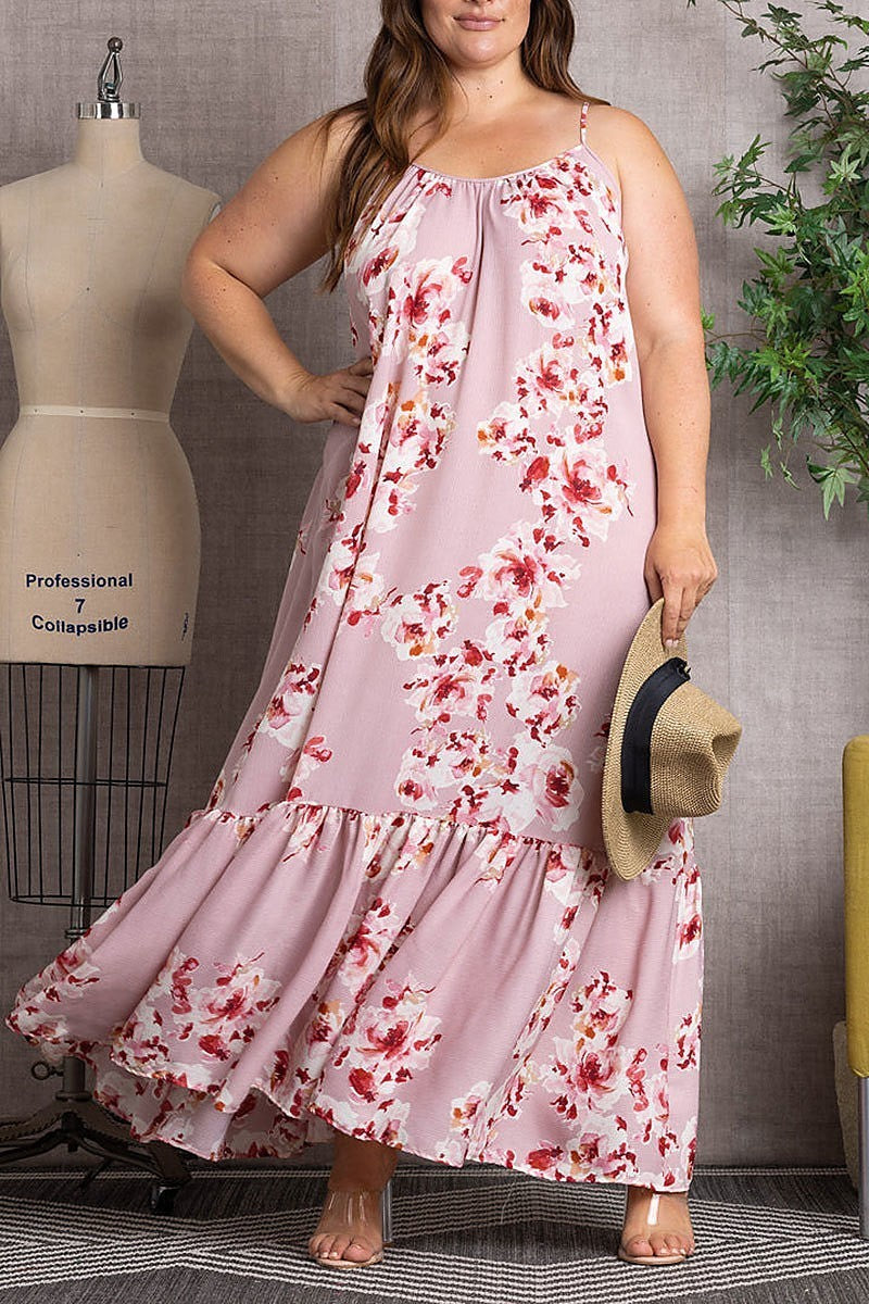 Orchid floral criss-cross back ruffled hem dress (EDSW3350)