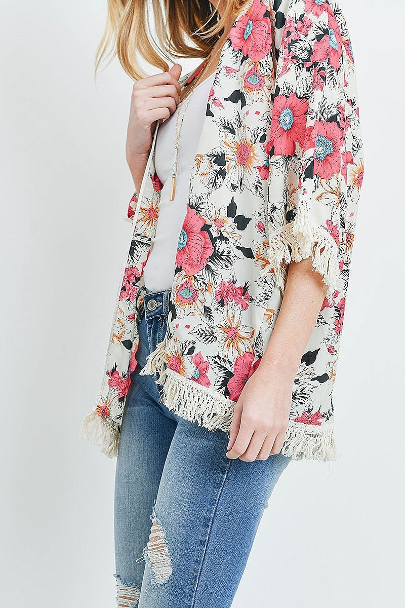 Open front hip length floral kimono (ED8855)