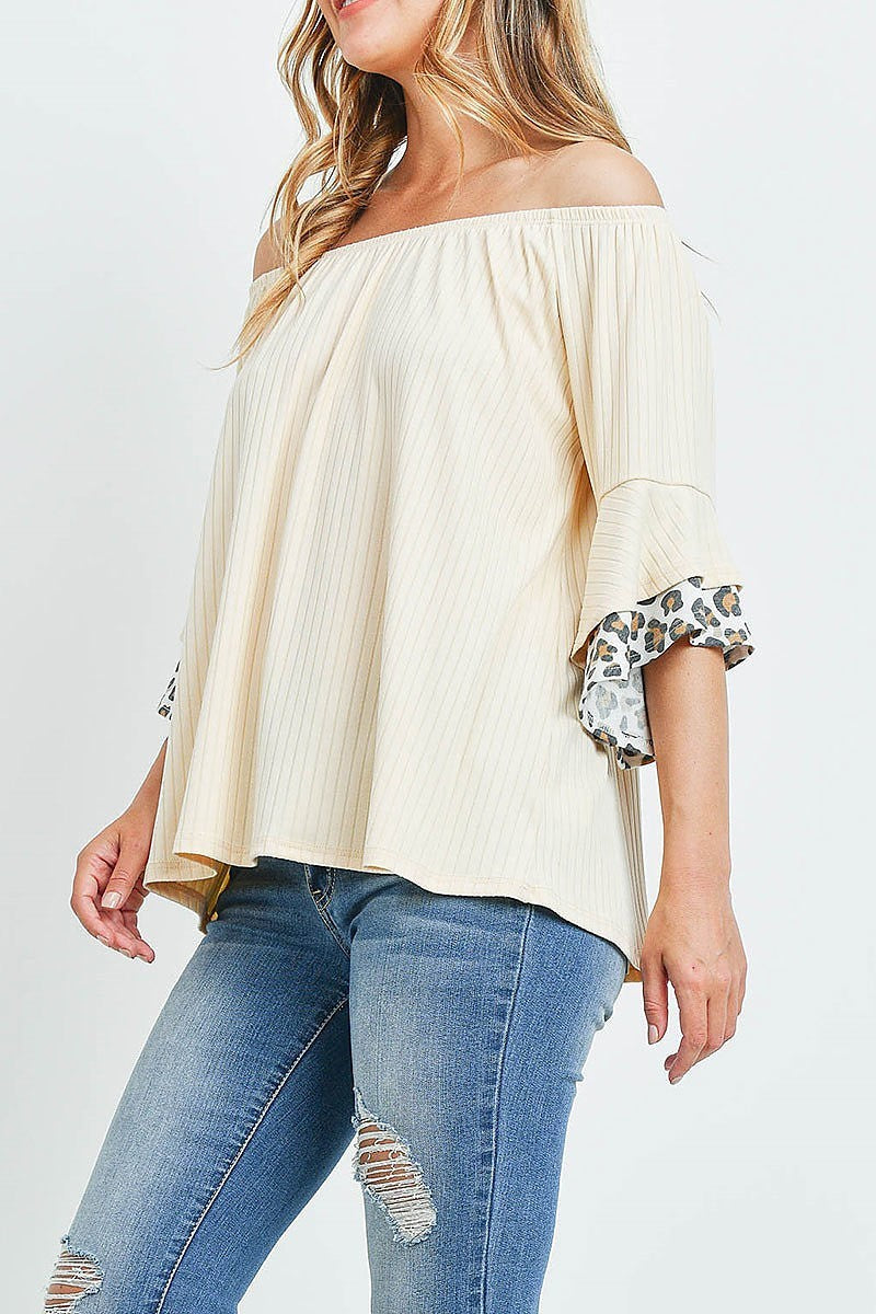 Off shoulder brushed rib bell leopard sleeves top (ED9767)