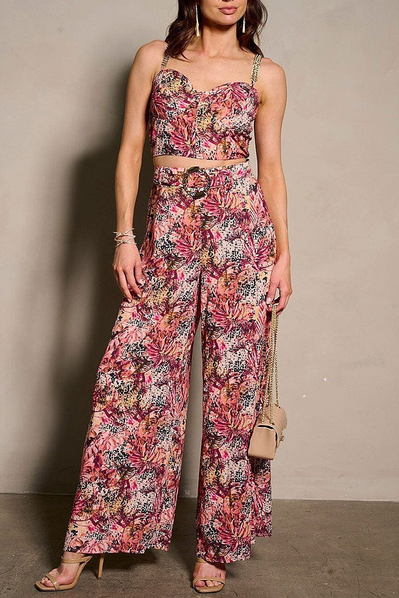 Sleeveless crop top & belted pants floral 2pc set (EFWT9498)