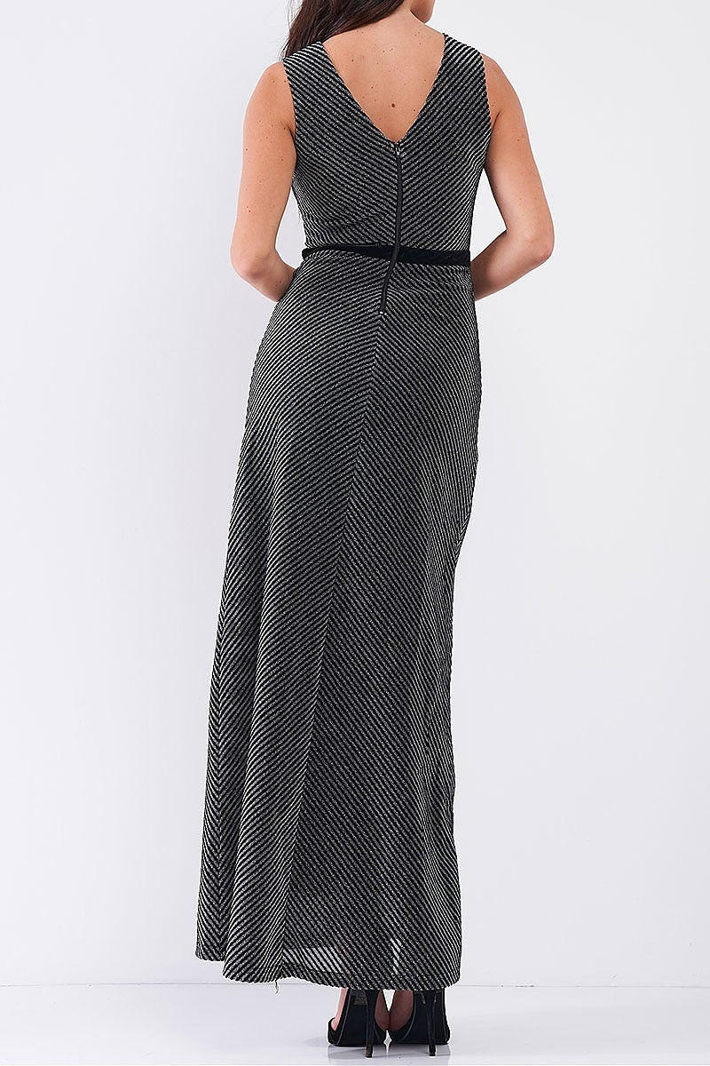 Sleeveless v neck striped velvet waistband detail fitted maxi dress (TDG7758-2)