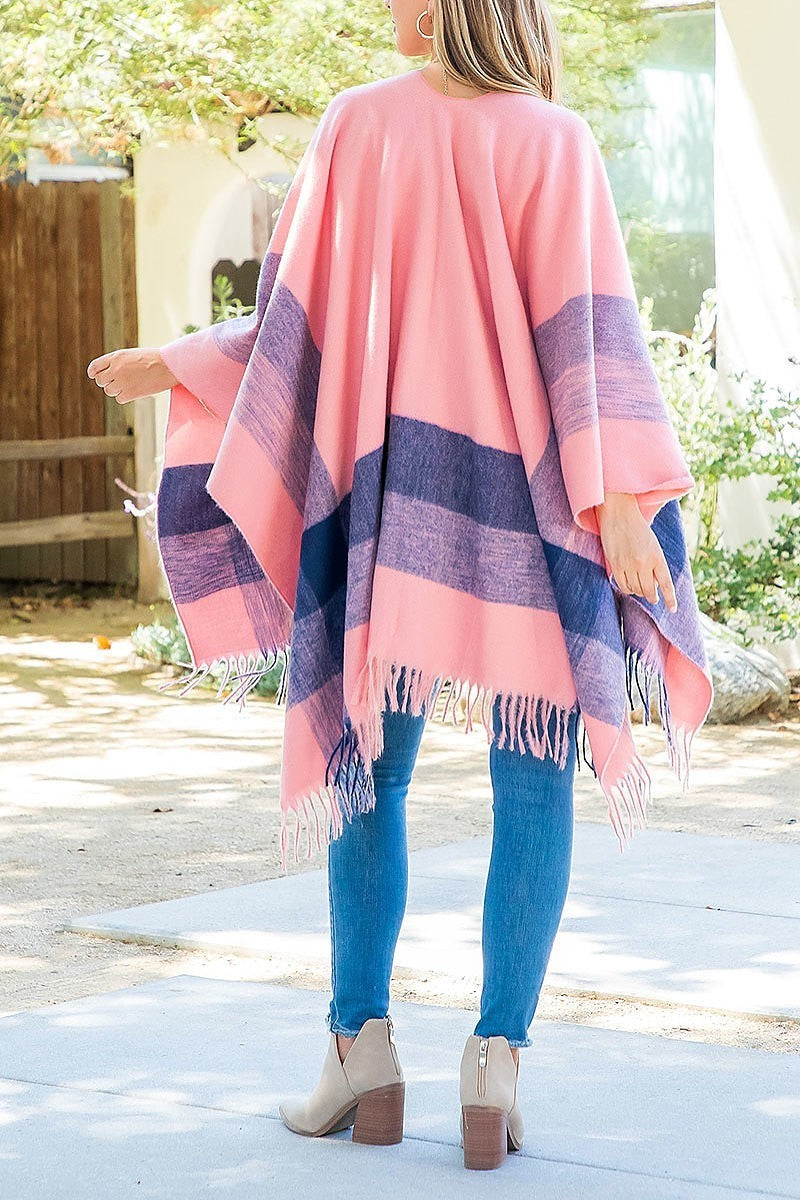 Border line fringe warmer kimono wrap (DGS5840)