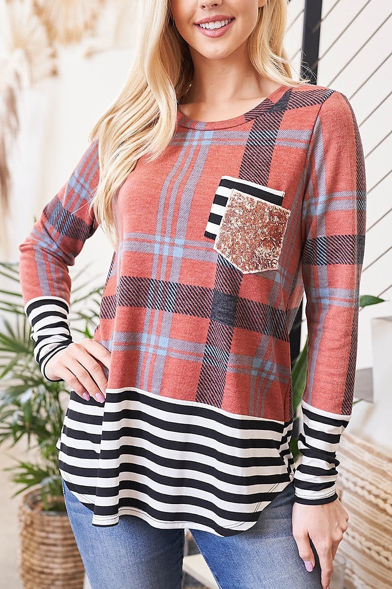 Plaid stripes contrast sequin stripes pocket top (EF2586)