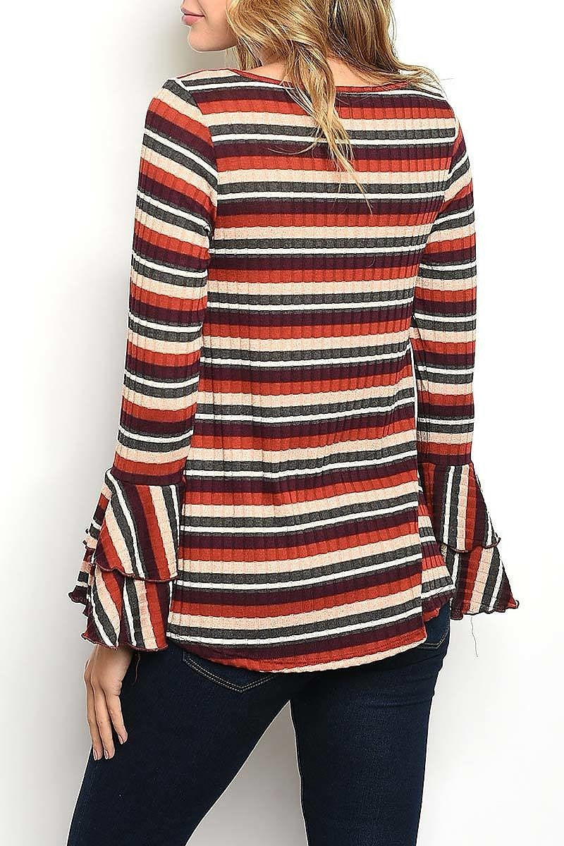 Twist front bell sleeve stripe top (ED4455-2020)