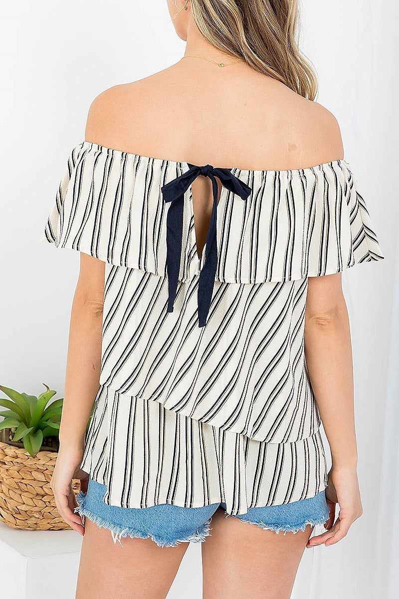 Stripes off shoulder ruffle with bow tie back top (EF3807)