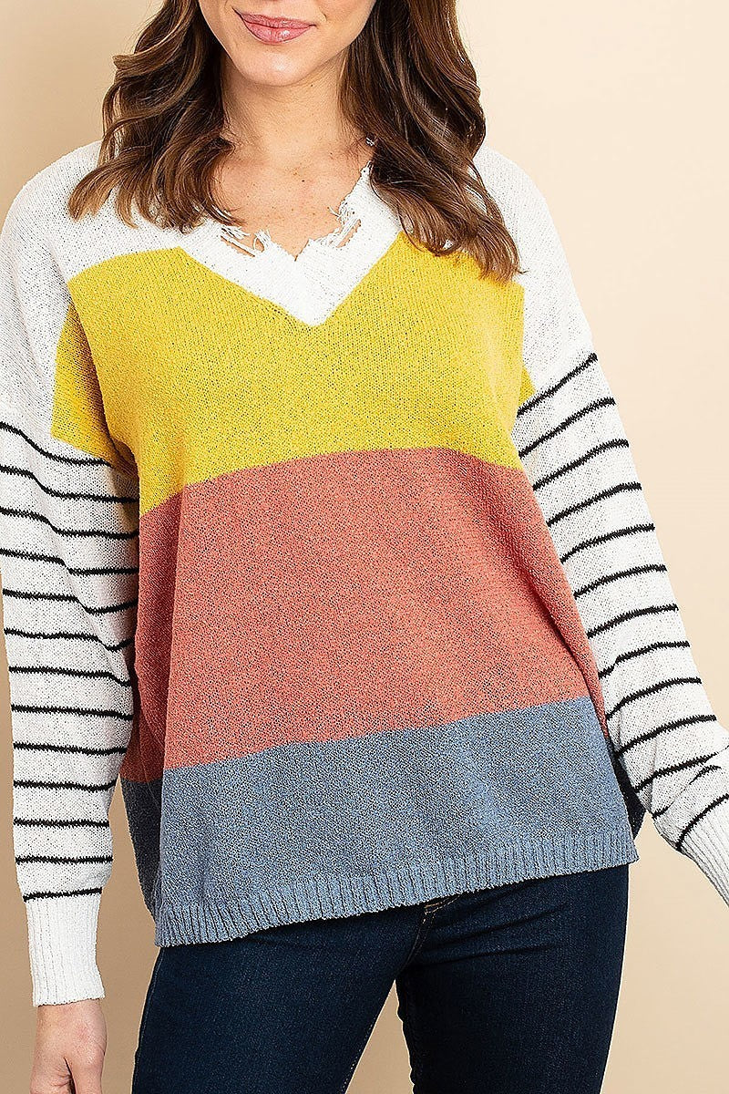 Distressed neck stripe color block sweater (DGS4973)