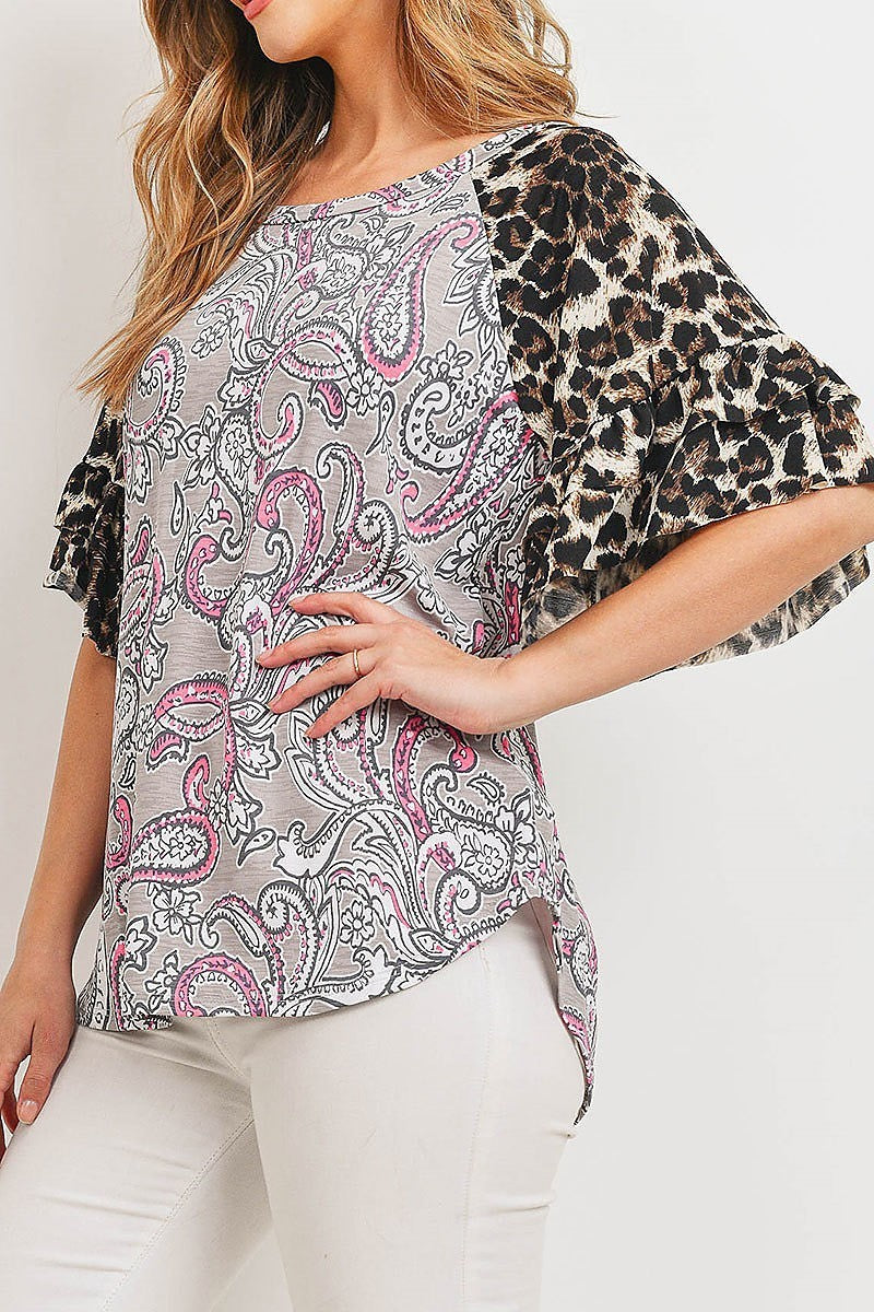 Boat neck animal paisley print color block top (ED8922)