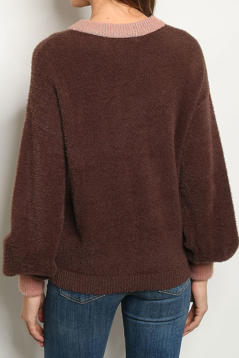 Round neck bubble sleeve color block sweater (DGS4758-1)