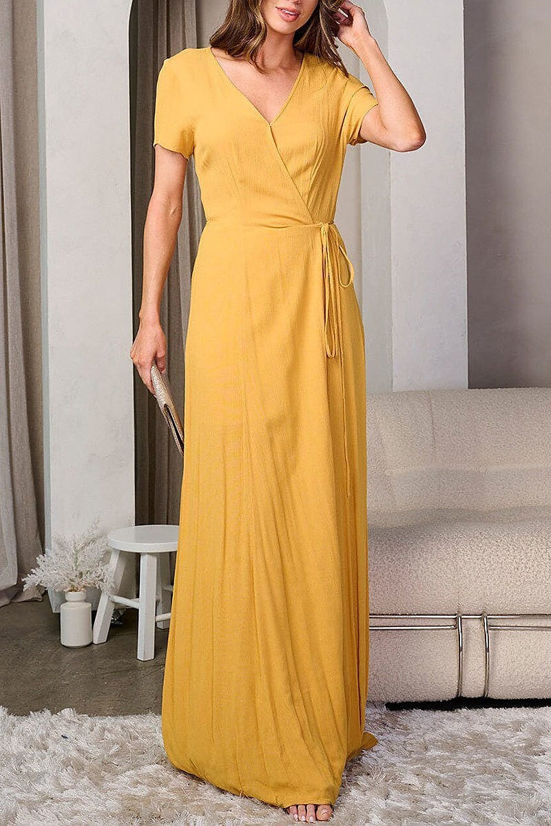 Short sleeve v-neck wrap maxi dress (EFWT8192)