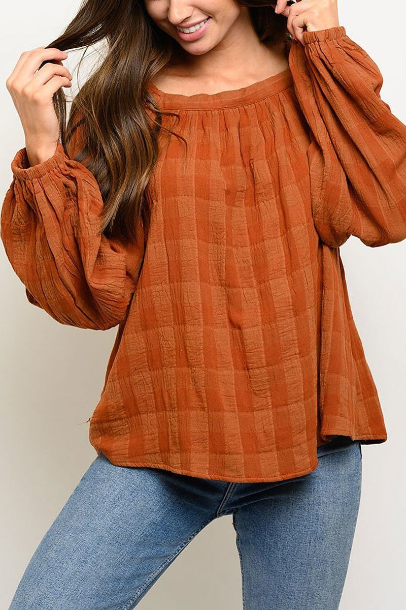 Long sleeve round neck plaid top (EDWT2806)