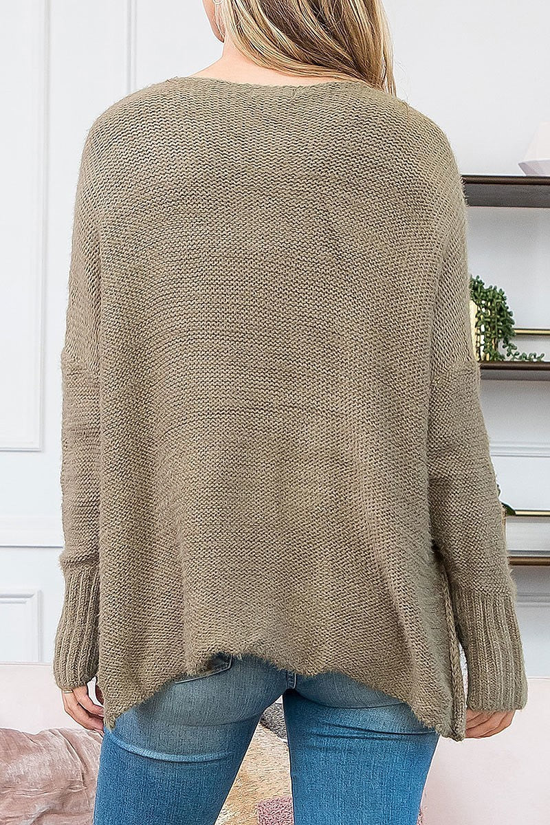 V neck ribbed knit detail loose fit sweater (DGS5796)