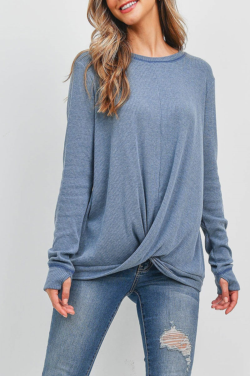 Twist front hem long sleeve top (EF2189)