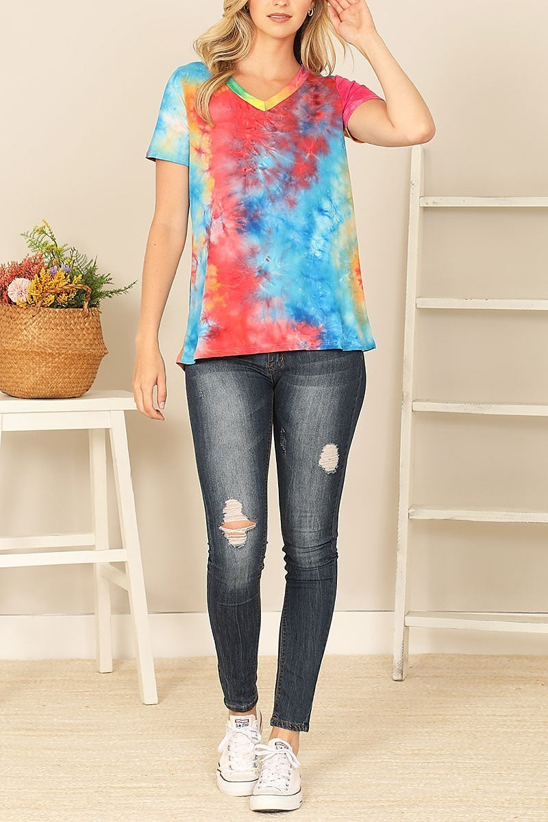 V-neck neck short sleeve tie dye top (EF7730)