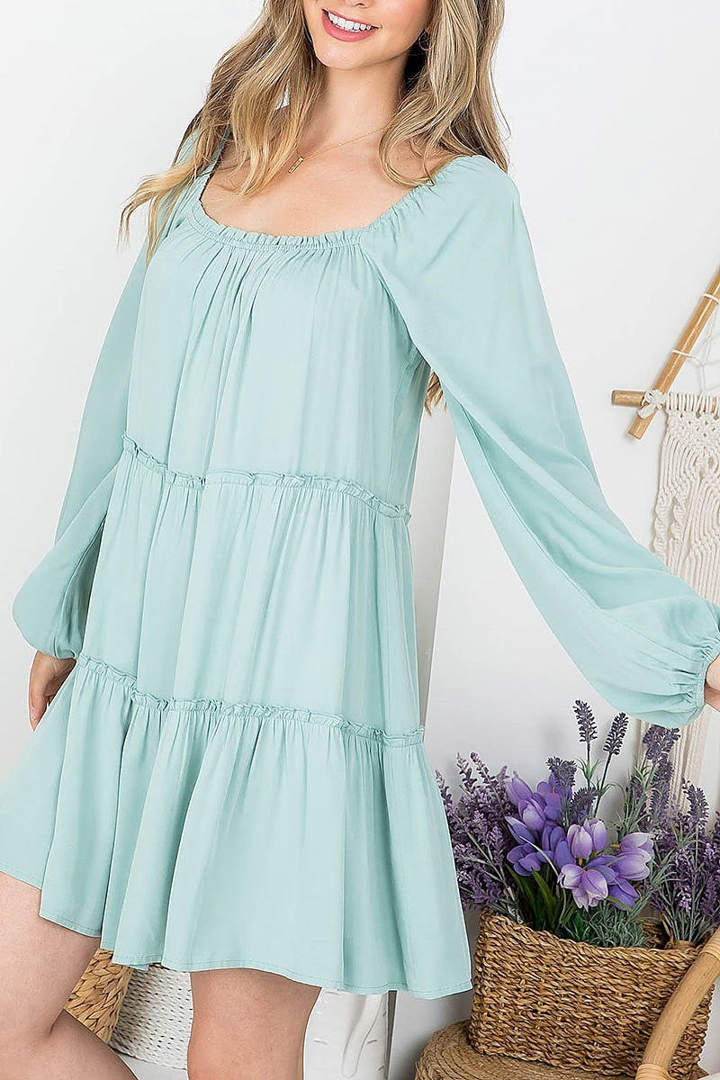 Square neck bubble sleeve tiered dress (DED7622)