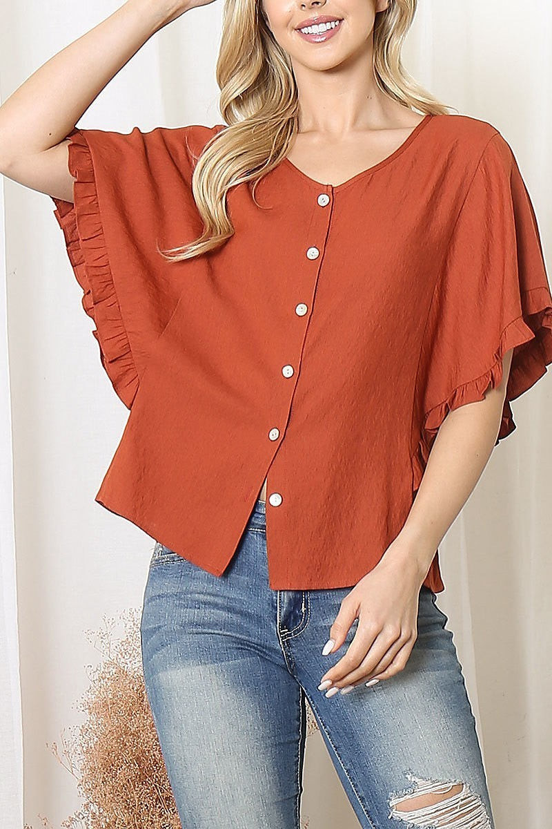 Ruffle sleeve button down top (EF6058)